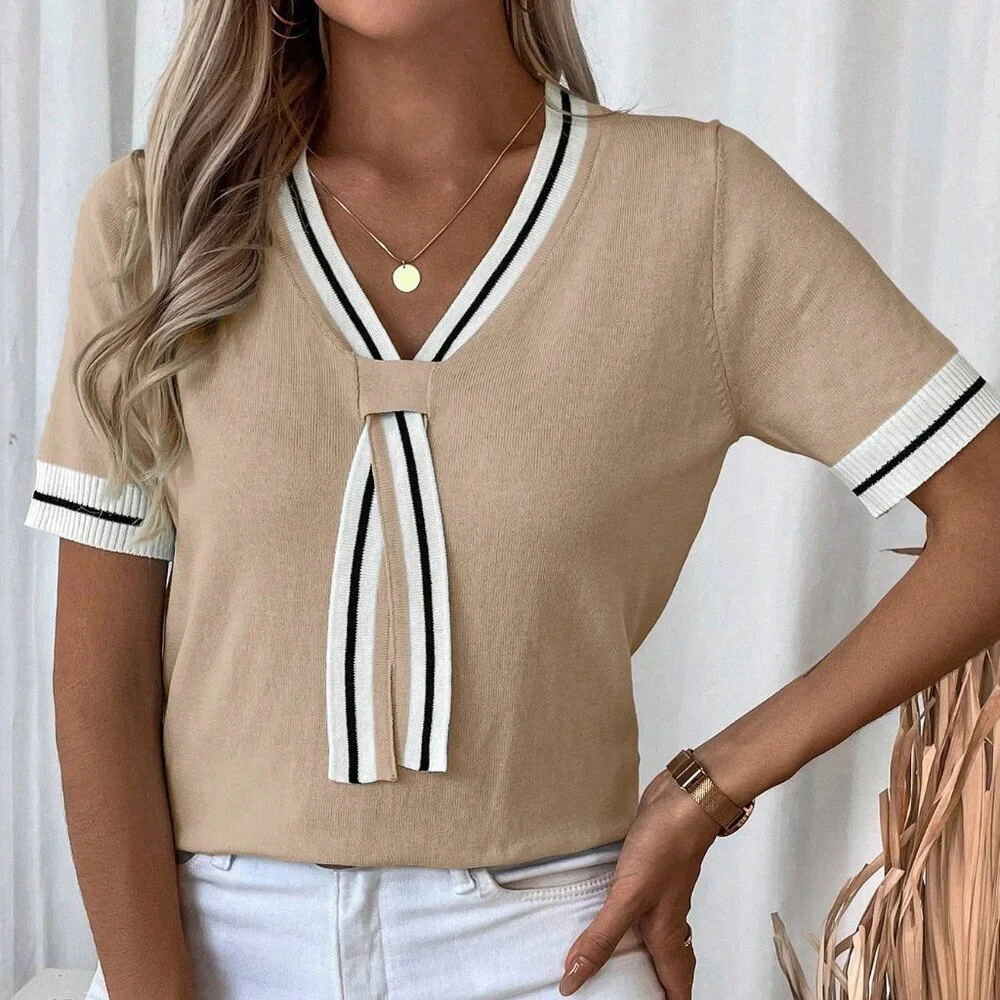 Khaki Casual Women's Contrast Color Striped Short Sleeve Knit Top